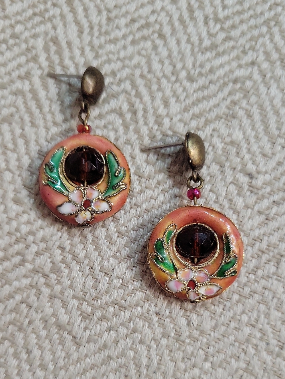 Vintage 80's Cloisonne Floral Dangle Earrings Pink Amethyst Crystal Retro Boho